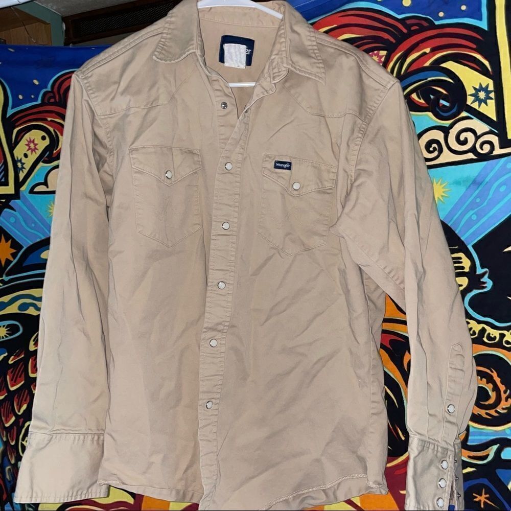 VINTAGE men’s Wrangler khaki canvas pearl snap western shirt sz M